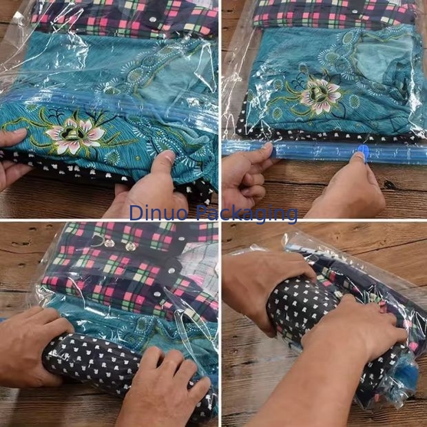 Tas Penyimpanan Vakum Perjalanan yang Disesuaikan Plastik Packing Hand Roll Vacuum Bag With Zipper For Luggage