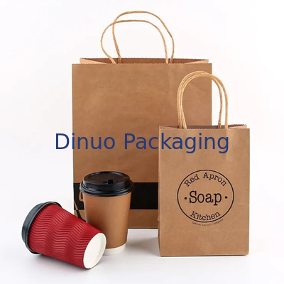 Custom Printed Logo Putih Brown Gift Shopping Kantong Kertas Kraft Dengan Genggam yang Melengkung