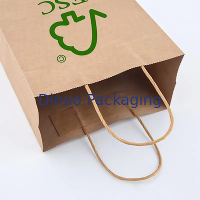 Custom Printed Logo Putih Brown Gift Shopping Kantong Kertas Kraft Dengan Genggam yang Melengkung