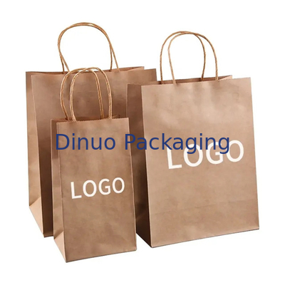 Custom Printed Logo Putih Brown Gift Shopping Kantong Kertas Kraft Dengan Genggam yang Melengkung