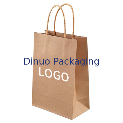 Custom Printed Logo Putih Brown Gift Shopping Kantong Kertas Kraft Dengan Genggam yang Melengkung
